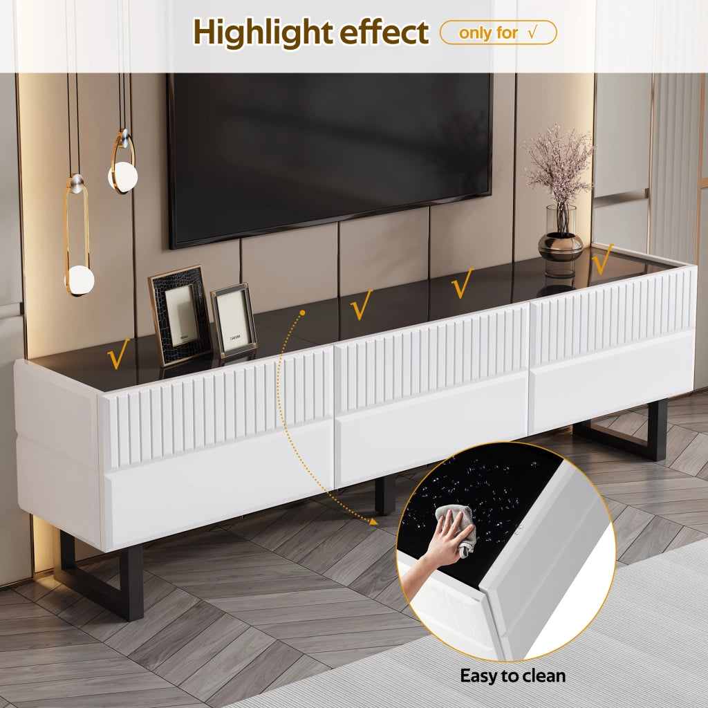 Mobile TV con 3 Cassetti e Piedini in Ferro; Piano Lucido; Stile Minimalista; 170??35??47 cm; Nero e Bianco