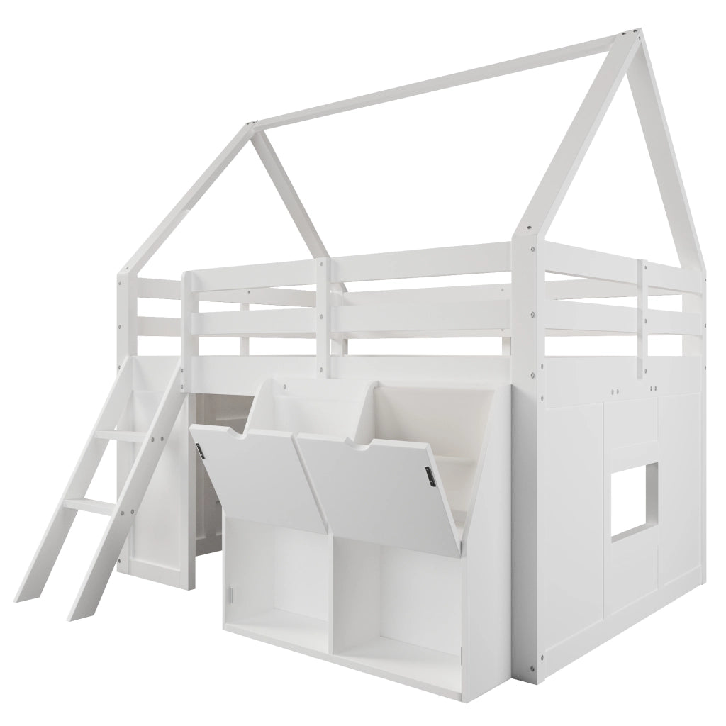 Letto a soppalco per bambini a casetta 140x200 cm con scala; LED e contenitori bianco