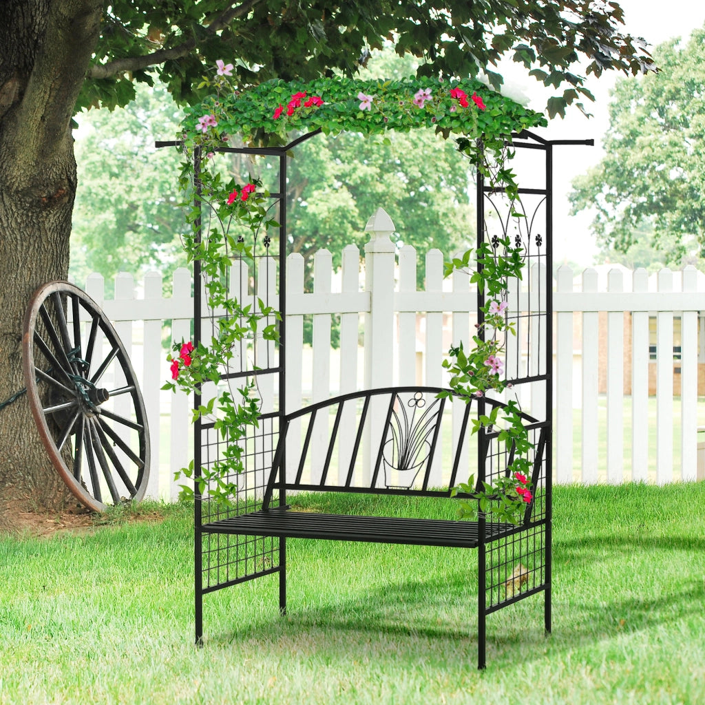Arco di piantumazione con panca in rete metallica Arco nero 154x60x205 cm per giardino e terrazza