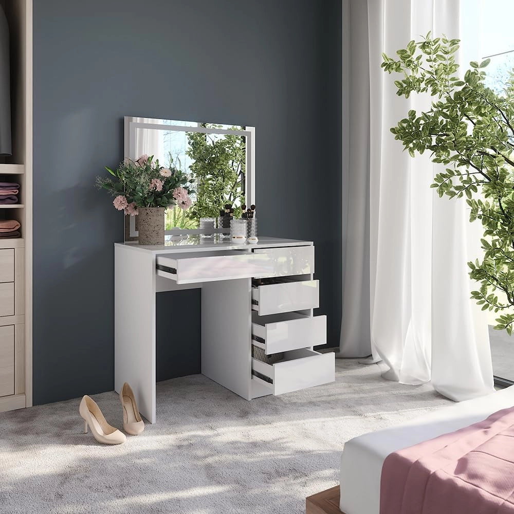 Tavolo da toeletta Sherry, Bianco/bianco lucido, 89.8 cm con specchio LED