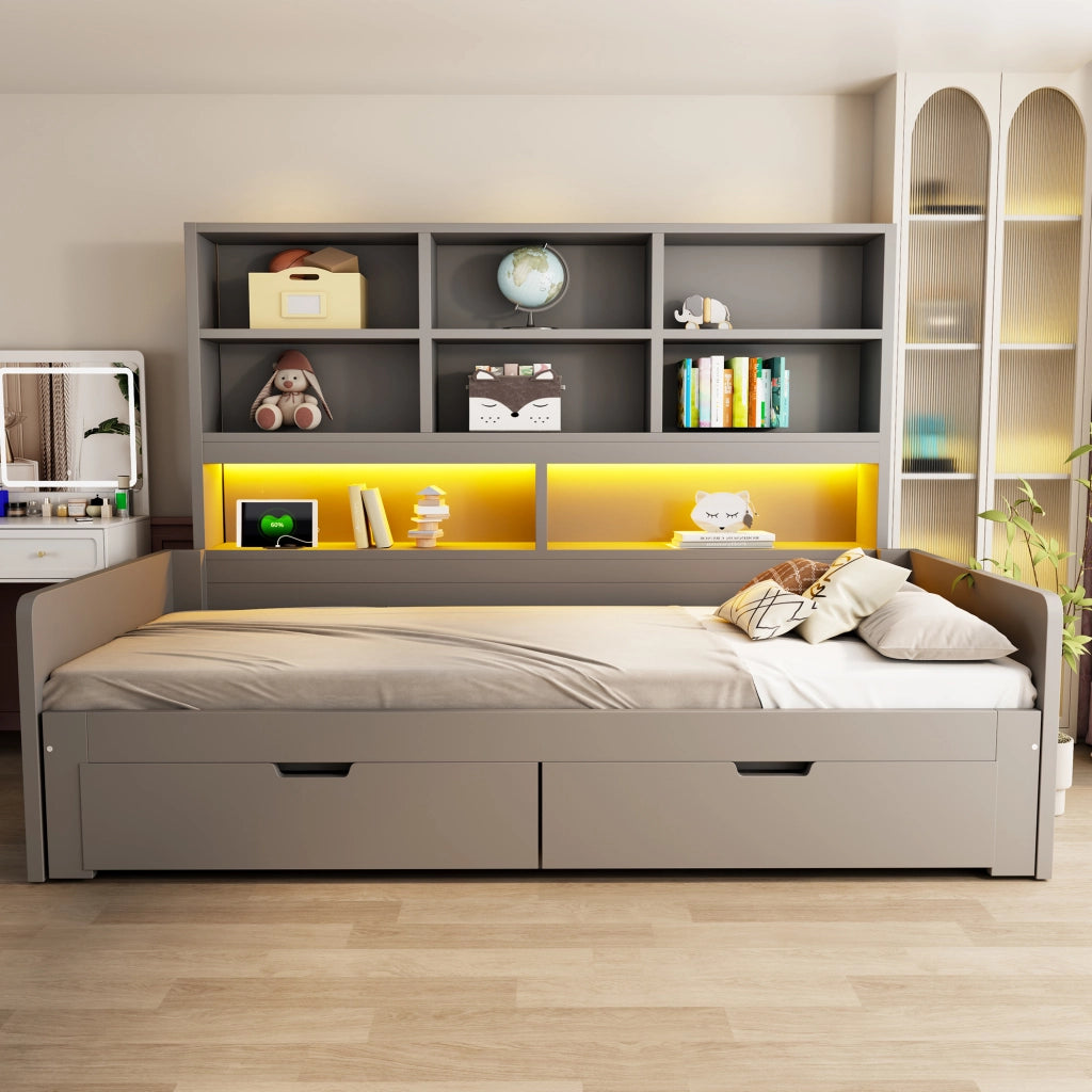 Letto divano estensibile 90x200/180x200 cm con LED; USB; cassetti e ripiani aperti; legno grigio