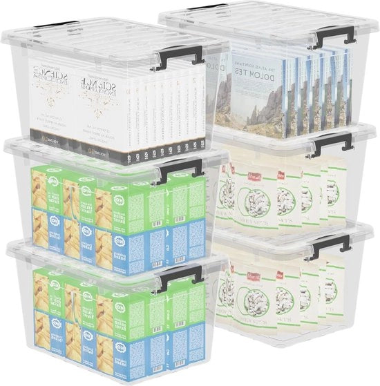 Contenitore di archiviazione trasparente 15L con chiusura a click e cassetta per oggetti con chiusura a click, organizzatore trasparente con 6 contenitori in lega di alluminio, capacità di stoccaggio 15L