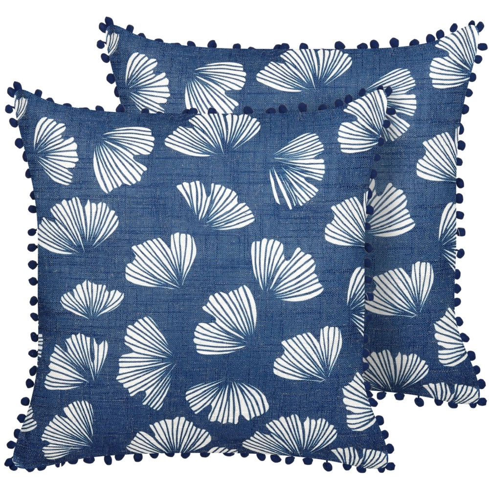 Set di 2 cuscini decorativi blu scuro poliestere 45 x 45 cm foglia stampa ginkgo biloba glamour pompon accessori decorativi