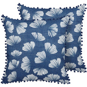 Set di 2 cuscini decorativi blu scuro poliestere 45 x 45 cm foglia stampa ginkgo biloba glamour pompon accessori decorativi