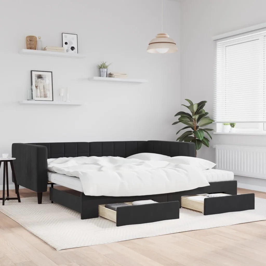 Divano Letto Estraibile con Cassetti Nero 100x200 cm in Velluto