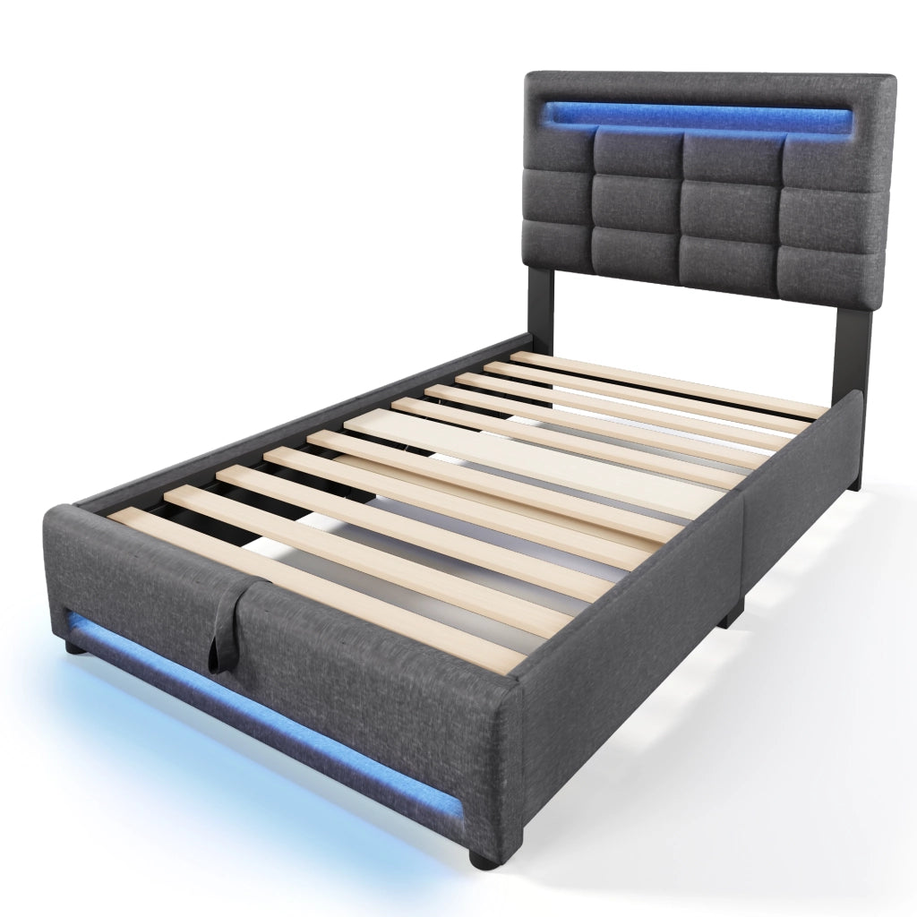 OKWISH Letto Singolo 90×200 cm con Contenitore, LED Regolabile, USB e Controllo tramite App, senza Materasso, in Lino, Grigio