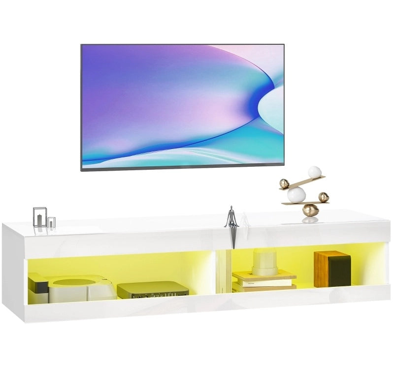 Mobile TV sospeso 140 cm bianco lucido con LED RGB e 2 vani aperti