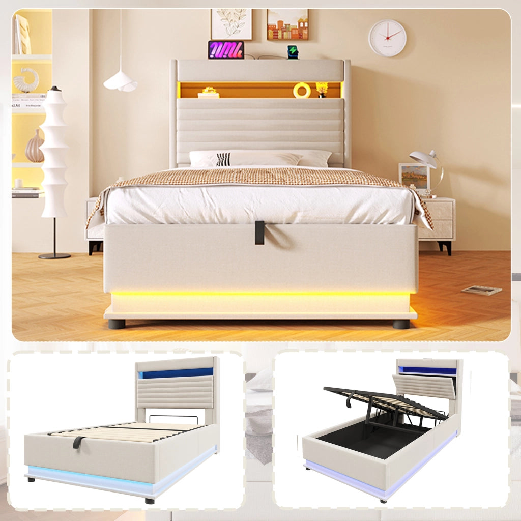 Letto imbottito con contenitore e LED, 90 x 200 cm, beige