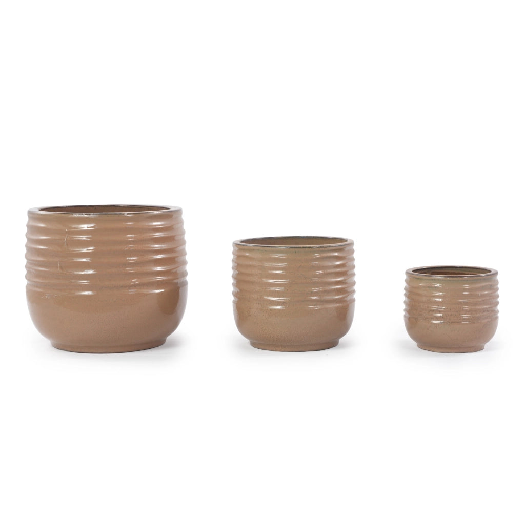 Vaso per piante ULEVR ? 20 cm in ceramica marrone chiaro lucida con scanalature ondulate e foro di drenaggio