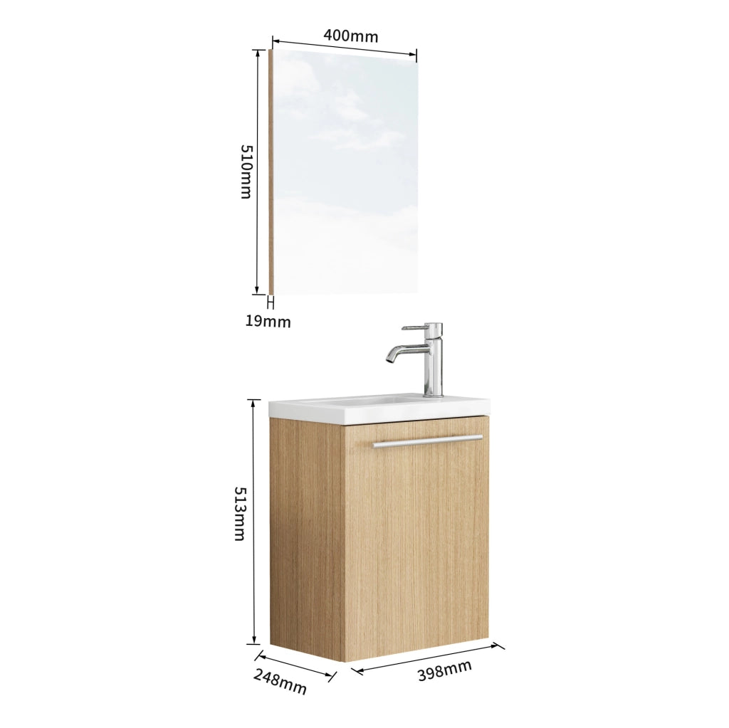 MOBILE BAGNO Sospeso Set con Lavabo in Ceramica e Specchio MDF Rovere