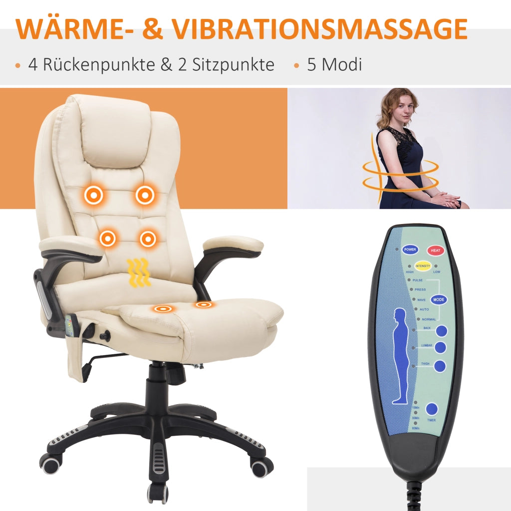 Sedia da ufficio ergonomica con massaggio a 6 punti riscaldamento e funzione girevole in pelle rigenerata beige