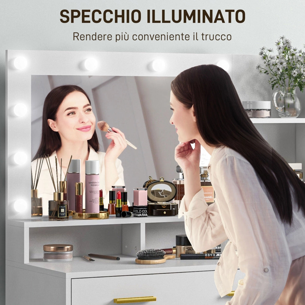 Tavolo da Trucco in Legno 100x40x138 cm con 4 Cassetti 6 Ripiani Aperti e Specchio Bianco