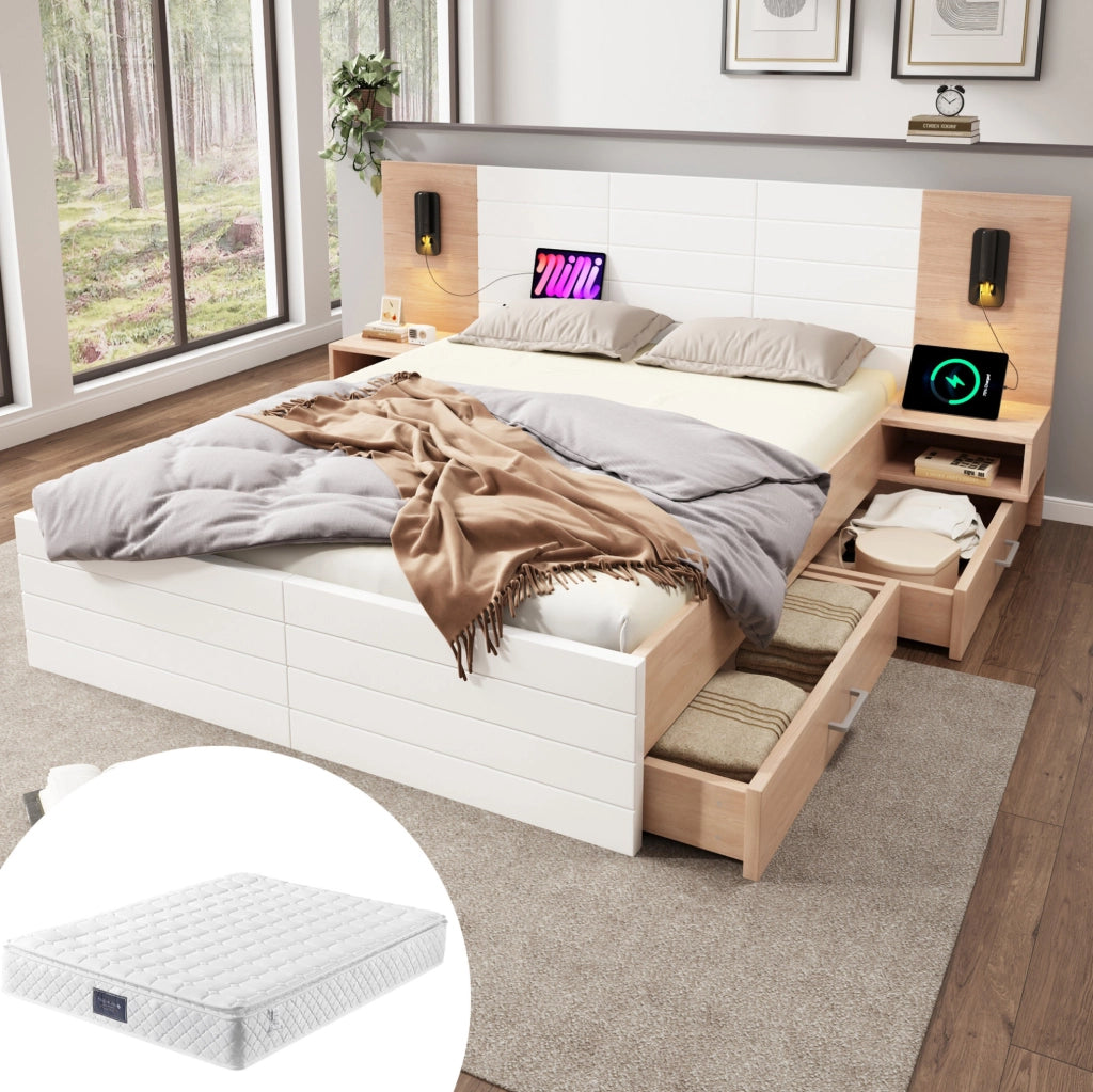 Letto matrimoniale 160x200 cm con lampada da lettura; USB; 2 cassetti; bianco e rovere chiaro; con materasso