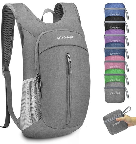 Borsa da 10L pieghevole, zaino da viaggio compattabile per escursioni, viaggi e gite in città, zainetto leggero per donne, uomini, bambini e adolescenti (grigio)