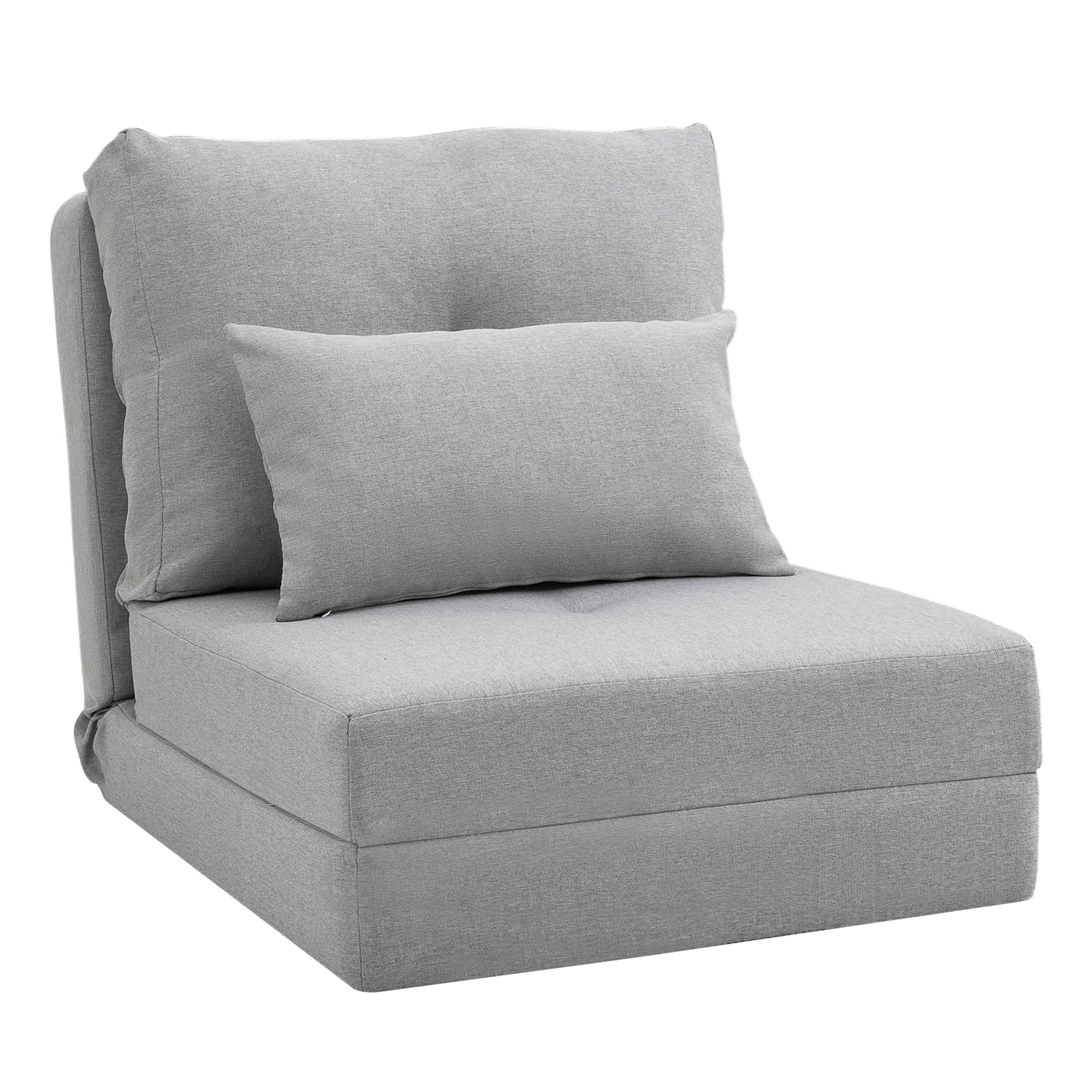 Poltrona Letto 3 in 1 Convertibile in Chaise Longue e Divano da Terra con 2 Cuscini in Tessuto Effetto Lino Grigio