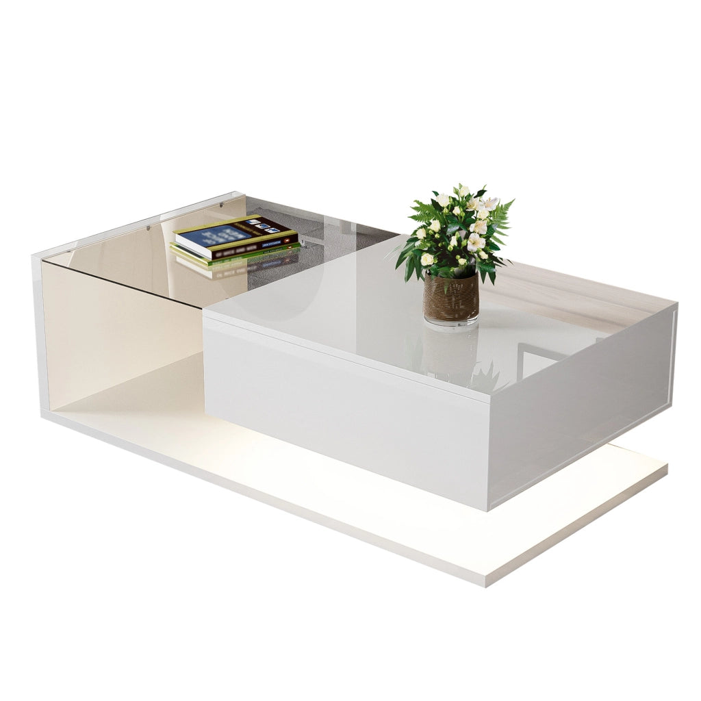 OKWISH Tavolino da Salotto Rettangolare con Vano Portaoggetti e LED, Finitura Lucida, per Soggiorno, 105 x 55 x 32.5 cm, Bianco