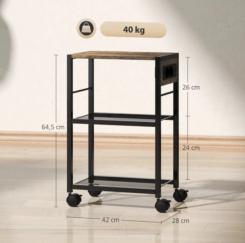 Carrello portastampante con prese elettriche, USB e USB-C, 40 kg, marrone rustico