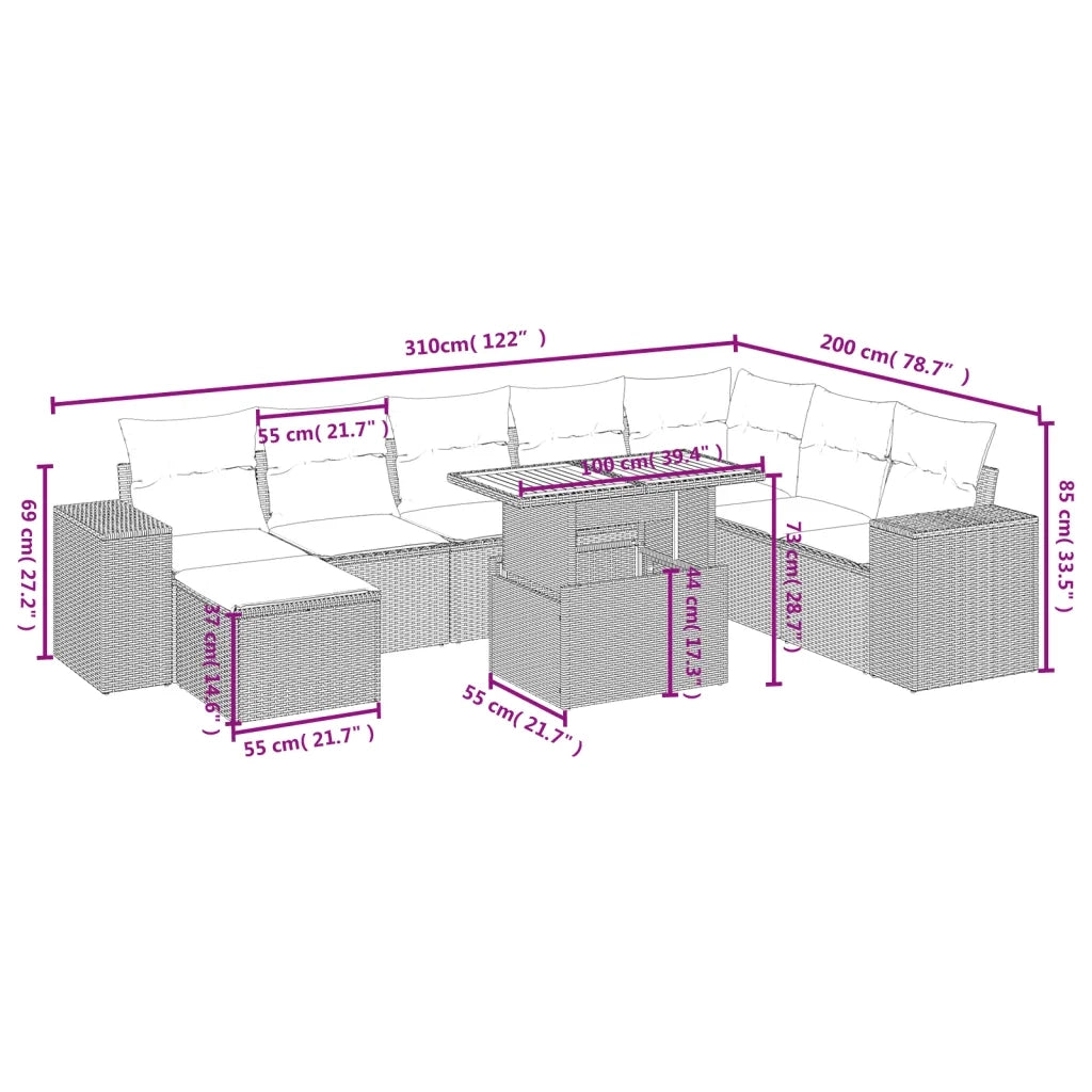 Set Divani da Giardino 9 pz con Cuscini Nero in Polyrattan 3275960