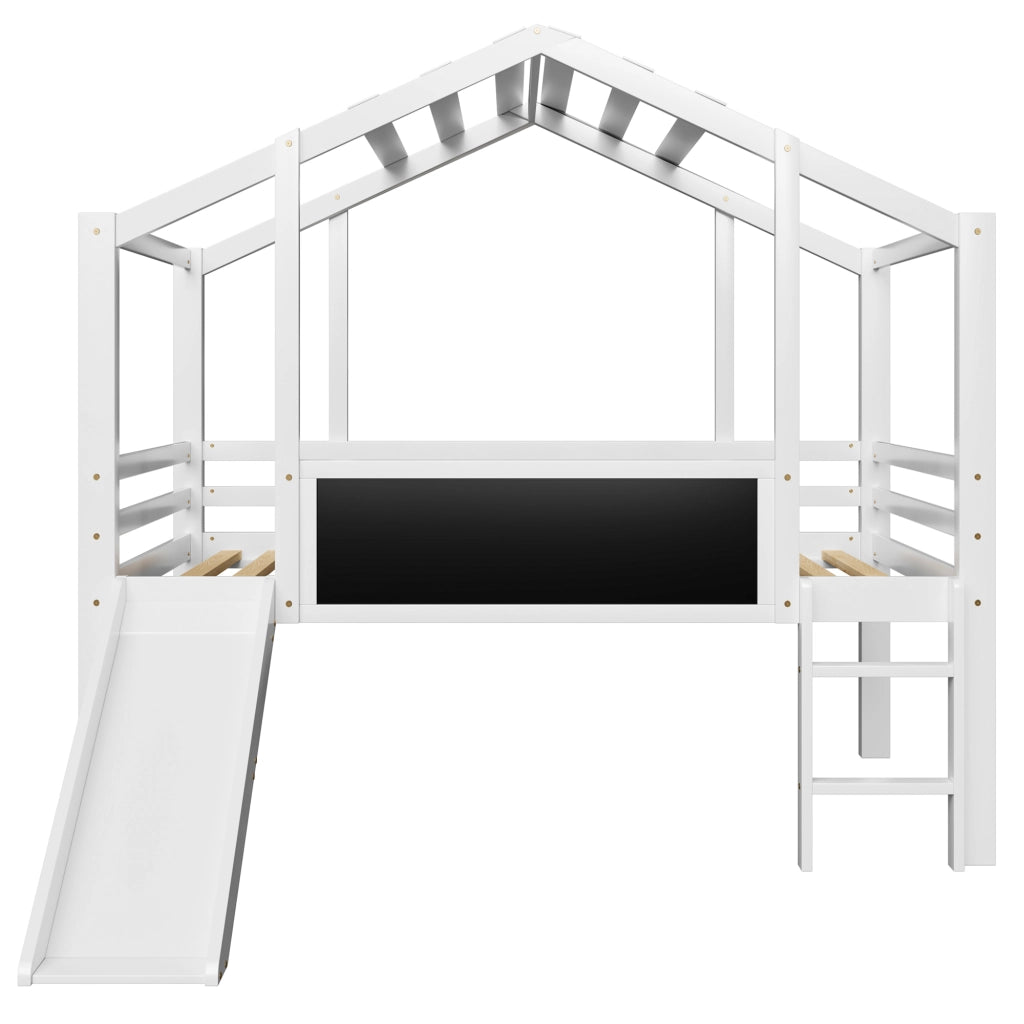 OKWISH Letto a Soppalco Bambini 90×200 cm, Letto Singolo con Scala di Sicurezza, Scivolo e Lavagna, senza Materasso, in Legno Massello, Bianco