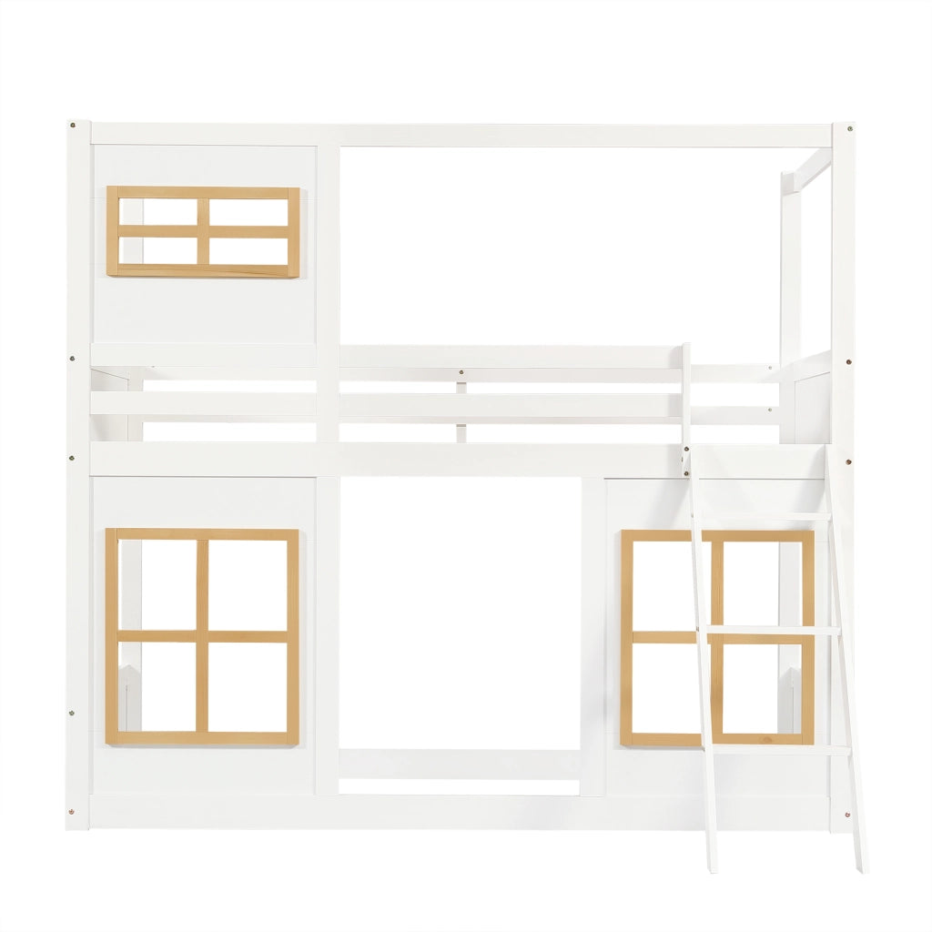 OKWISH Letto a Castello Bambini 90×200 cm, Letto Singolo con Finestre, Scala, Sponde su 4 Lati, senza Materasso, Bianco e Naturale