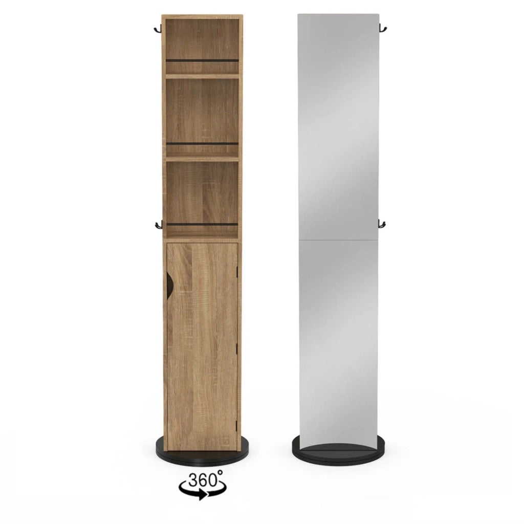 IDMarket - Mueble de baño giratorio con espejo, armario y estantes en haya y negro