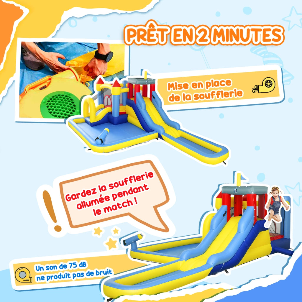 Castello gonfiabile per parco acquatico con scivoli, trampolino, parete arrampicata, cannone e canestro ¨C zephmum ¨C Colore variabile, Materiale PVC, Dimensioni variabili