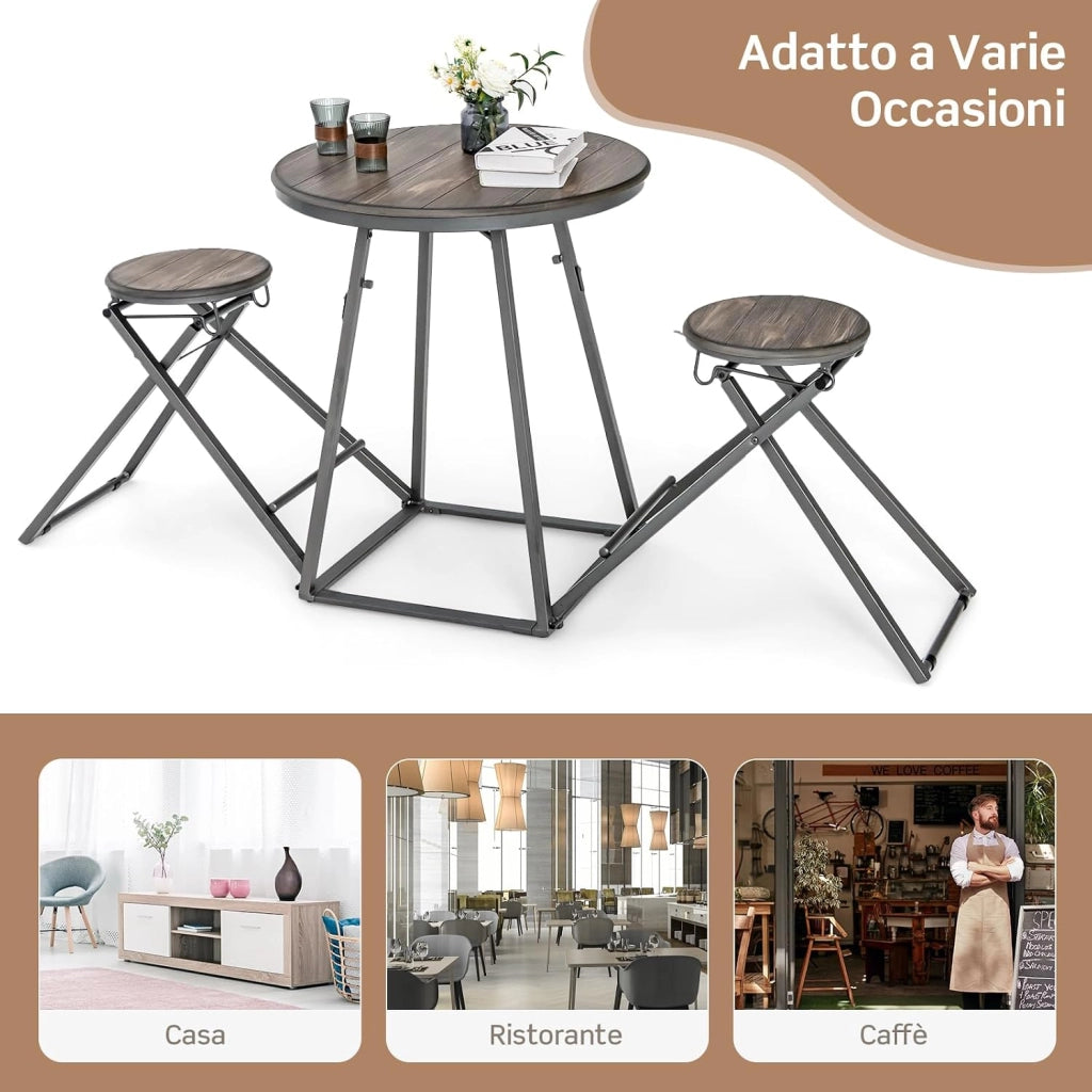 Set Tavolo da Pranzo 3 Pezzi, Tavolo Rotondo e 2 Sgabelli Pieghevoli in Metallo, Set di Mobile per 2 Persone per Piccoli Spazi, Appartamento, Cucina e Sala da Pranzo