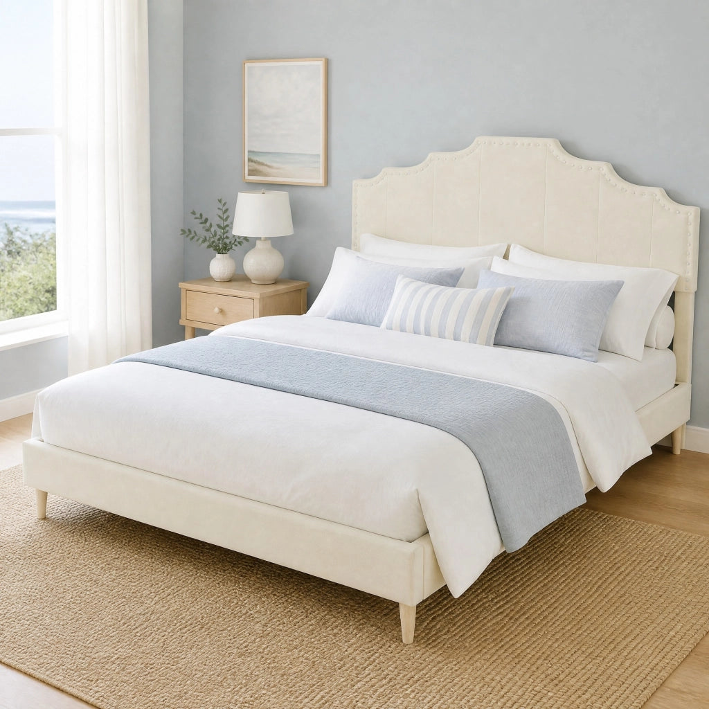 Letto imbottito 160 × 200 cm con testiera geometrica e borchie; rete a doghe; rivestimento in tessuto beige