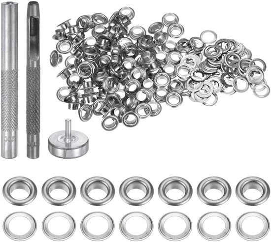 Kit di punterie e forature 100 pezzi - Perforatore/Impuntitore - Orecchioni in rame - Anelli di chiusura - Duraturo - Adatto per pelle/stoffa - Kit di forature