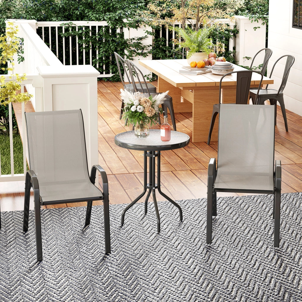 Set salotto da giardino ¨C Minimal ¨C 2 poltrone impilabili + tavolino con piano in vetro temperato grigio chiaro