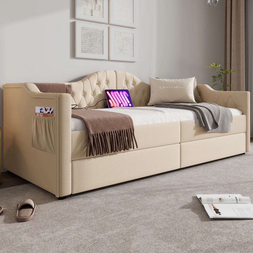 OKWISH Letto Banquette 90×200 cm, Letto Singolo con USB, Tipo C, 2 Cassetti e Tasche Laterali, senza Materasso, in Velluto, Beige
