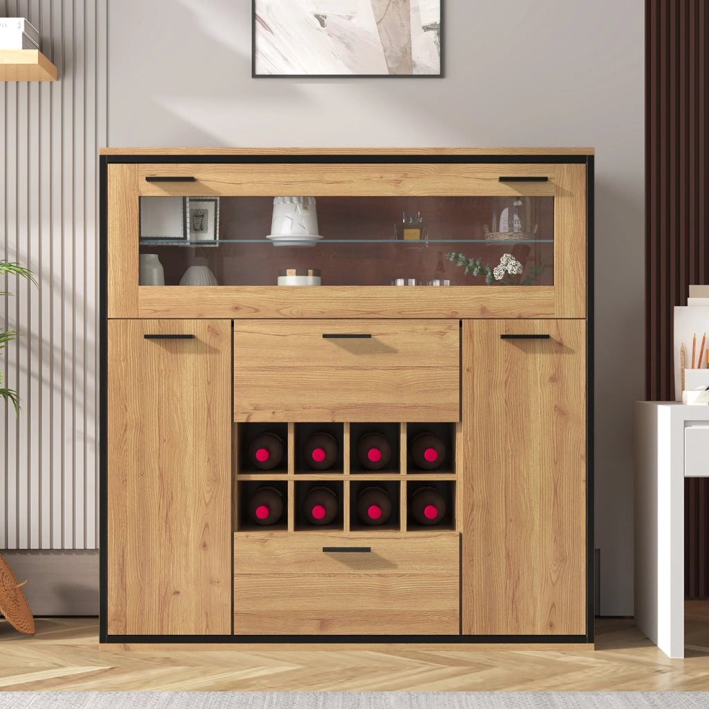 Credenza portabottiglie 110x38x111 cm con 2 ante; LED e divisorio in vetro; legno naturale e nero