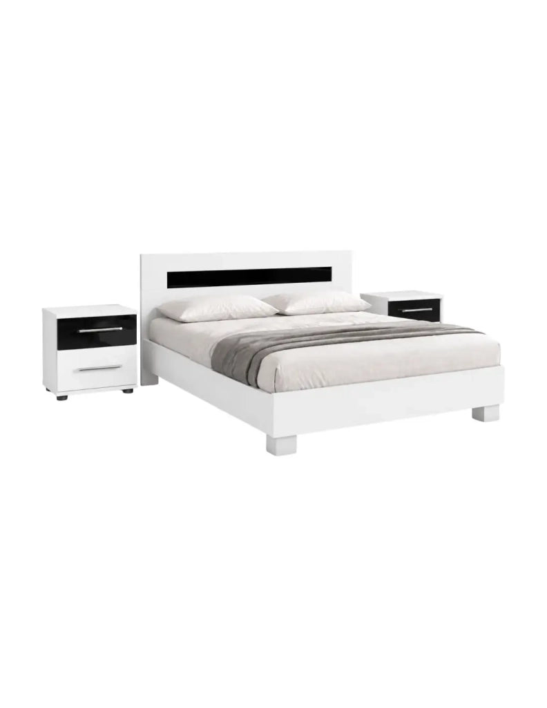 Set letto matrimoniale DUBLIN 140x190cm con 2 comodini - Bianco e nero lucido