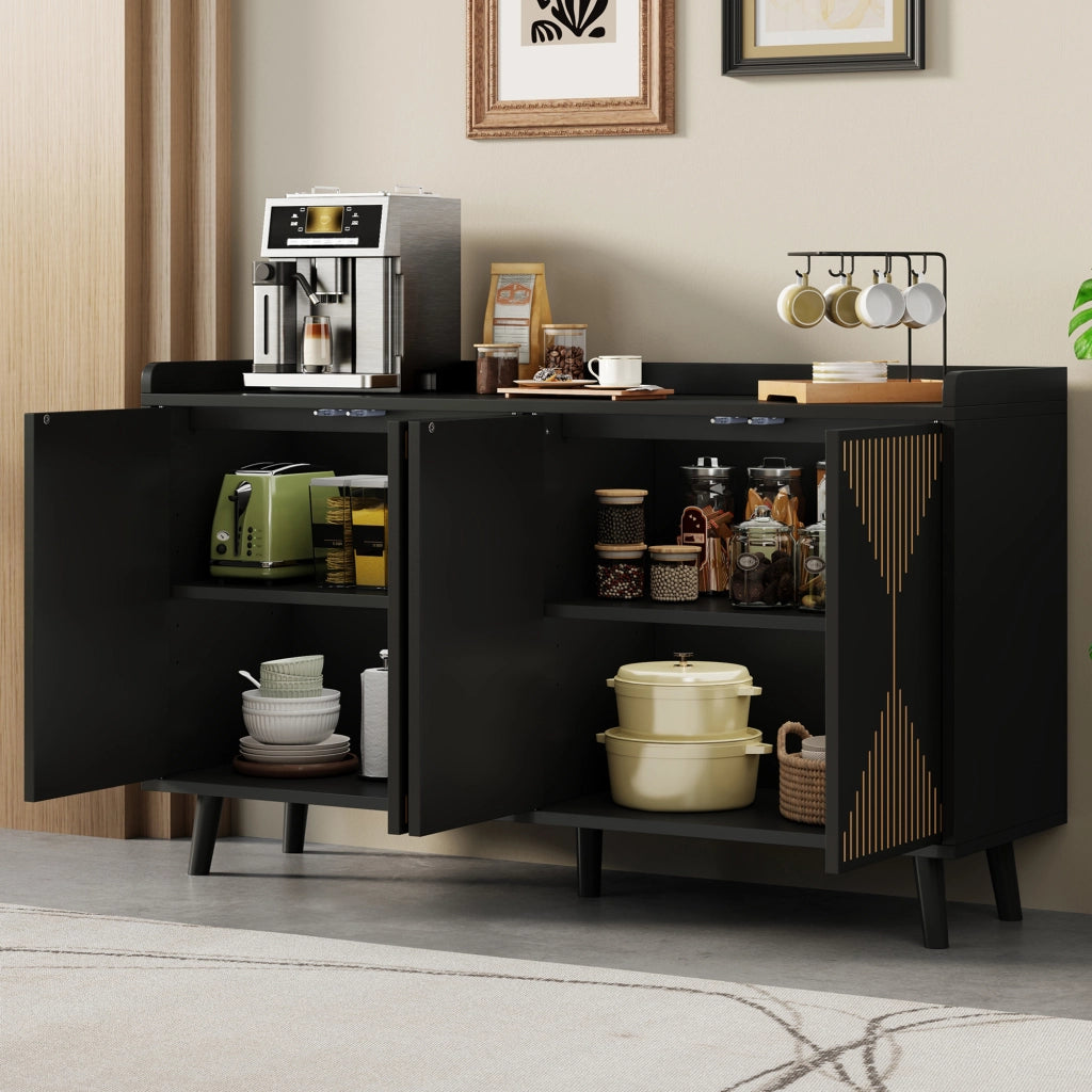 Credenza moderna a 4 ante con ripiani regolabili, buffet da cucina e soggiorno in MDF nero 140 x 40 x 84 cm