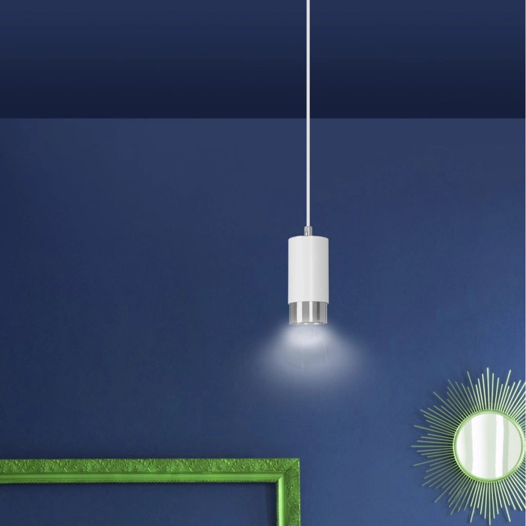 Lampada a sospensione Fumiko in acciaio bianco e dettagli cromati