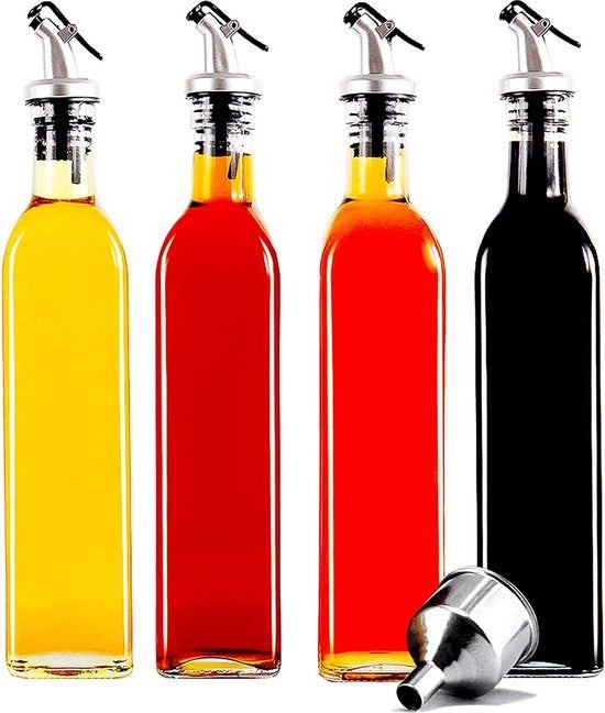 Dispensatore di olio per aceto e olio, confezione da 4 pezzi, in vetro con imbuto, dispenser di olio di oliva con chiusura antipolvere, 500 ml, ermetico e senza gocce