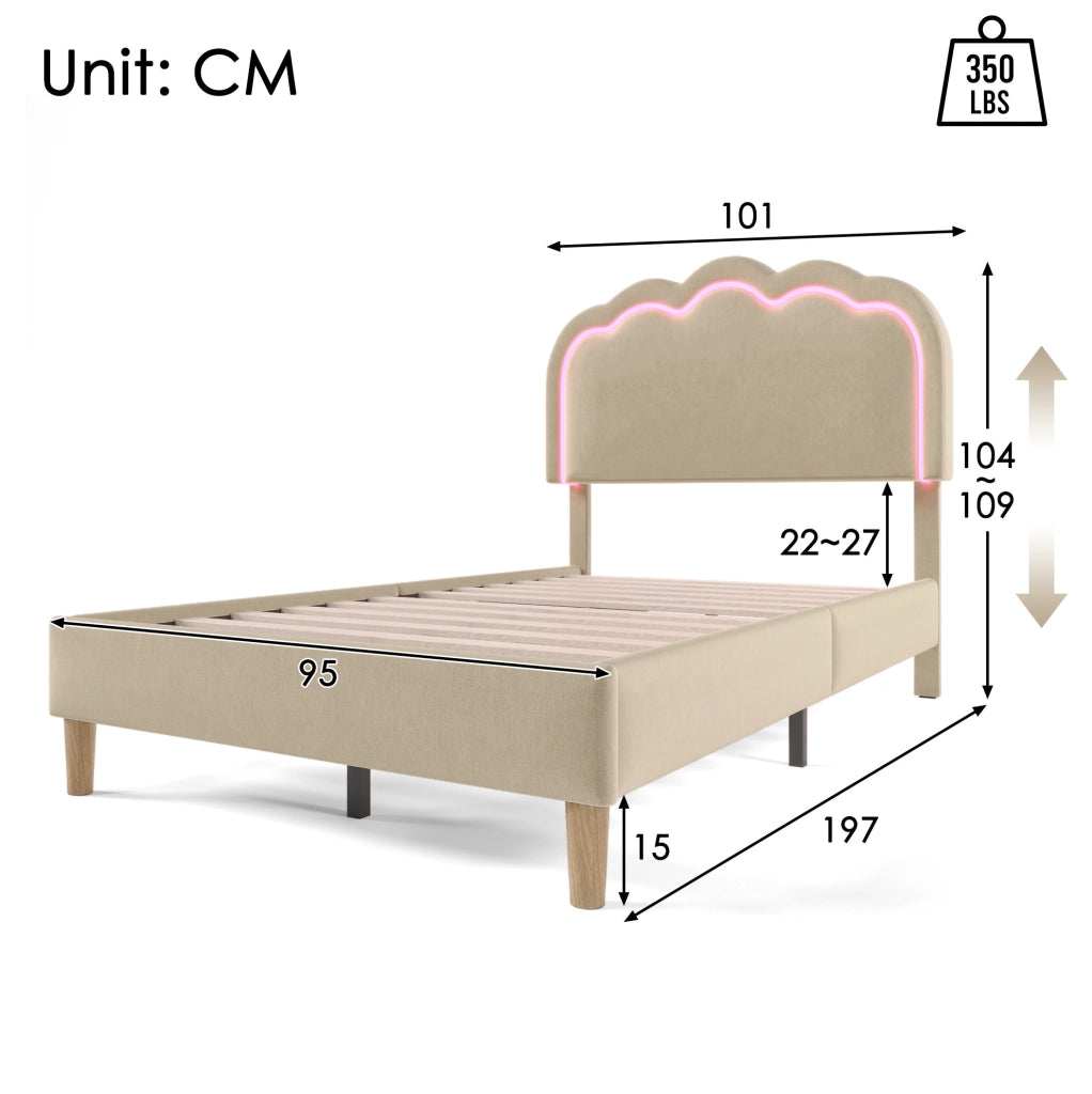 Letto imbottito 90x190 cm; testiera LED regolabile; lino; beige (Senza materasso)
