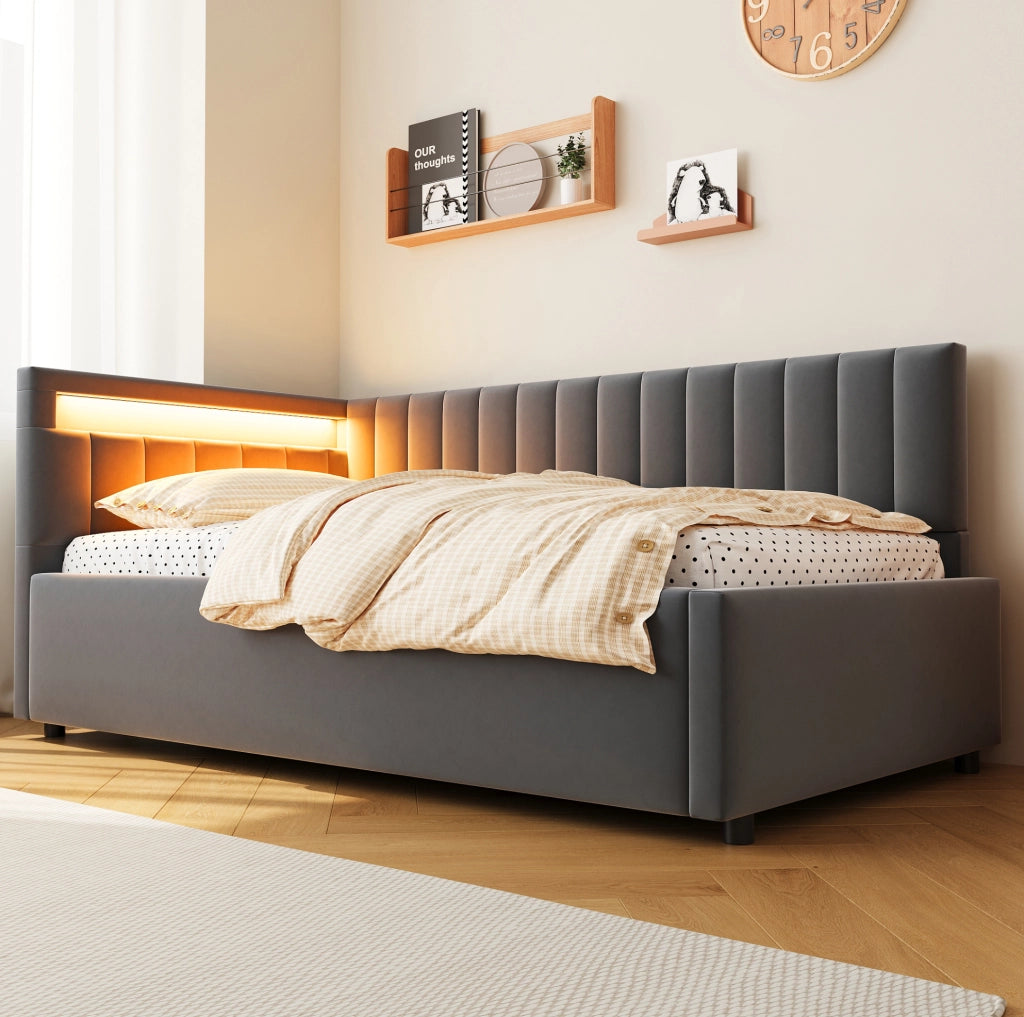 Letto singolo imbottito 90x200 cm con contenitore idraulico e LED in velluto grigio