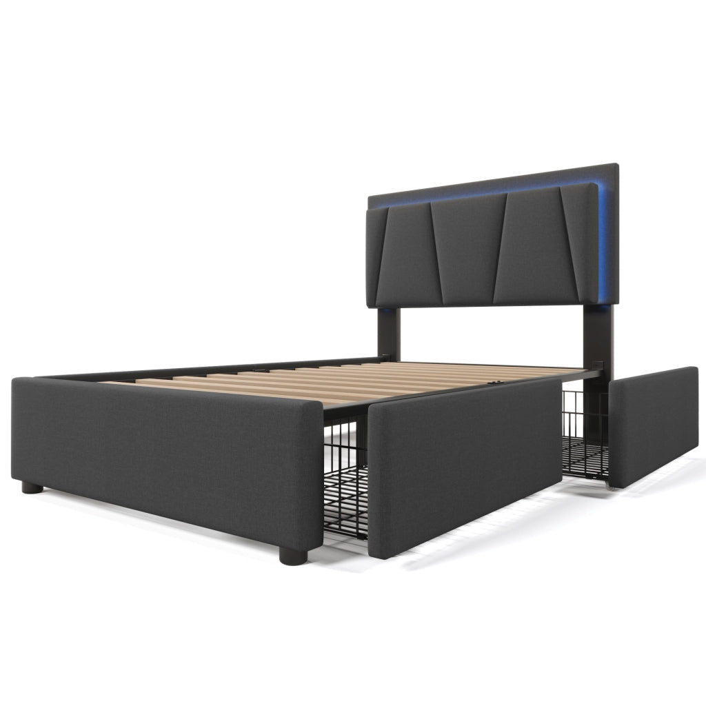 LETTO singolo 90x200 cm grigio con testiera regolabile, LED e 2 cassetti