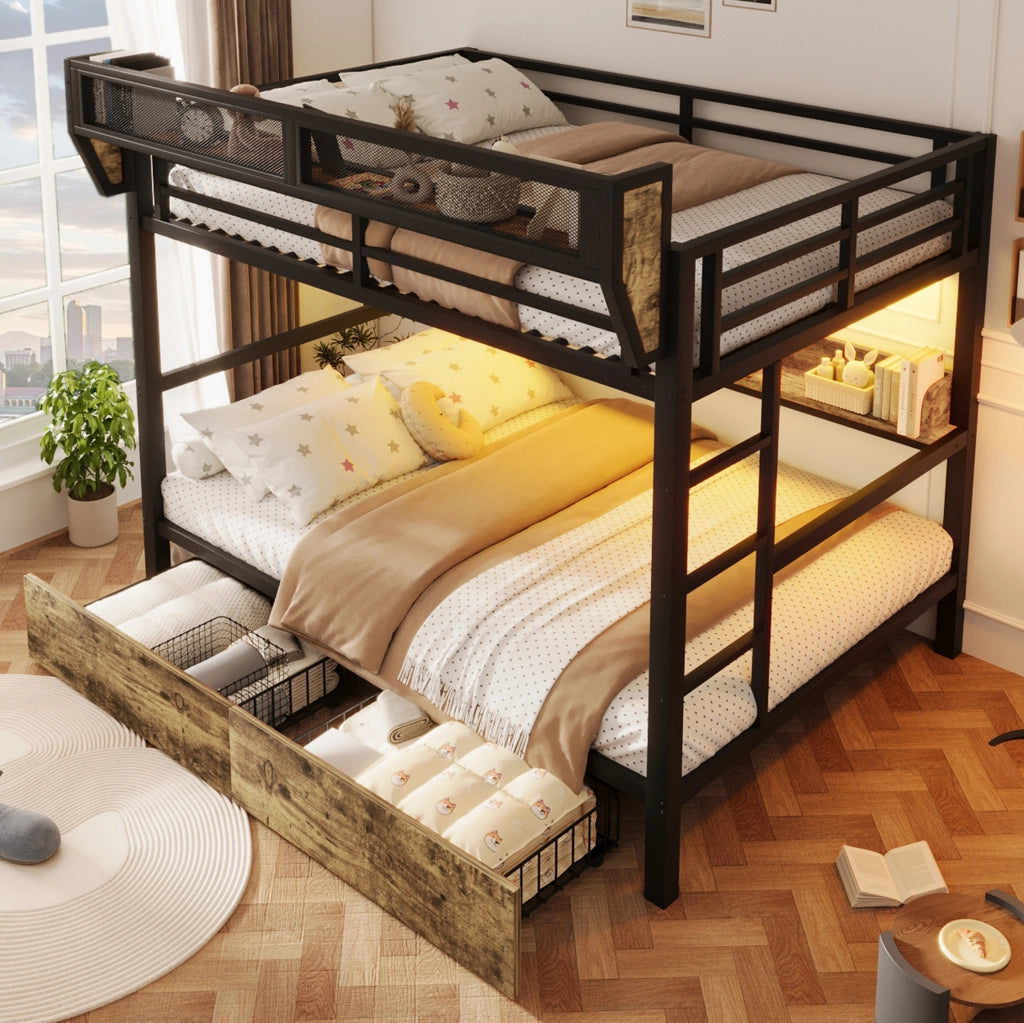 Letto a castello 204x163x176.5 cm con LED; cassetti e ripiano in MDF e metallo nero