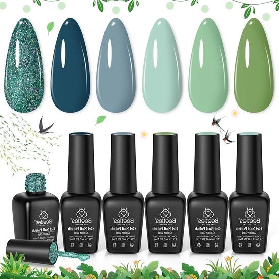 Set estivo di 6 smalti per unghie in colori Beetle - grigio, verde, glitter - set manicure LED UV, collezione Ocean Mist, regalo ideale per donne e ragazze
