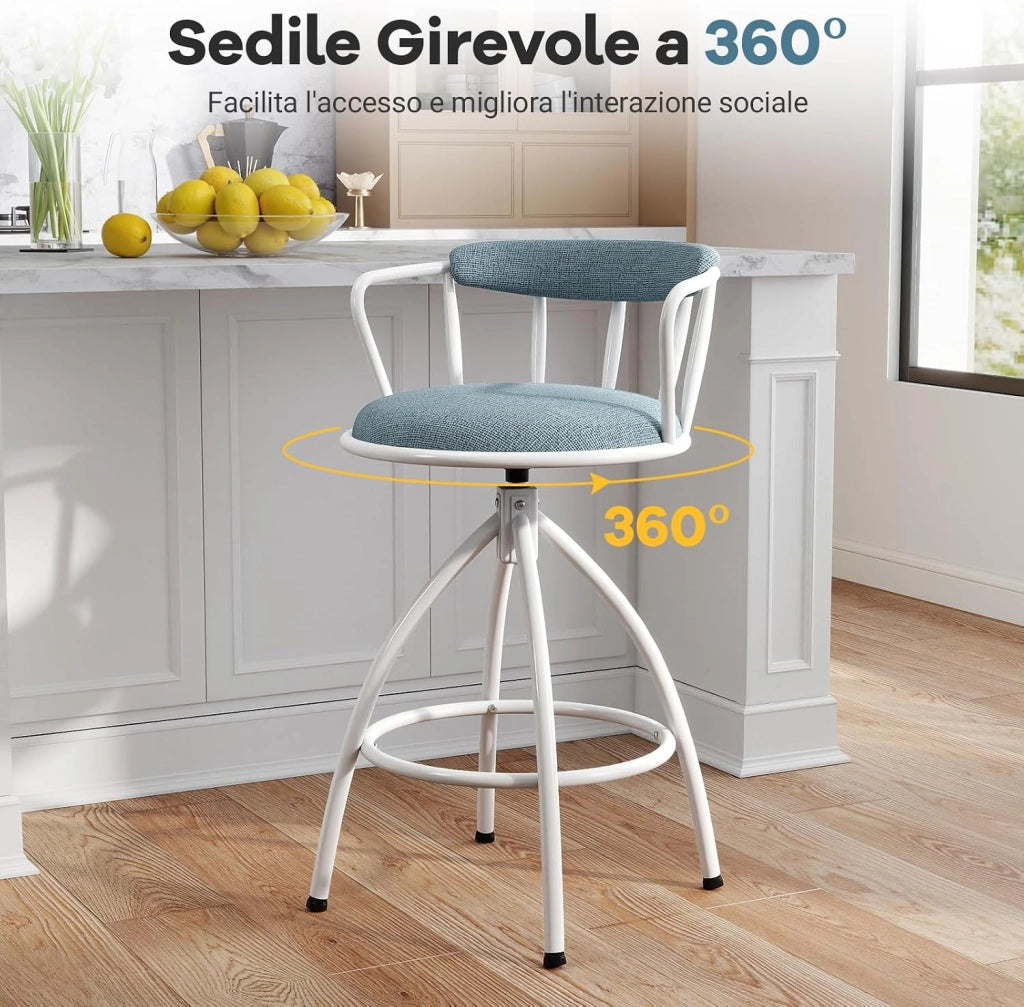 Set di 2 Sgabelli da Bar, Sgabelli Imbottiti con Schienale, Poggiapiedi e Struttura in Metallo, Portata 150 kg, Sedie Moderne per Isola da Cucina, Bar di Casa e Sala da Pranzo