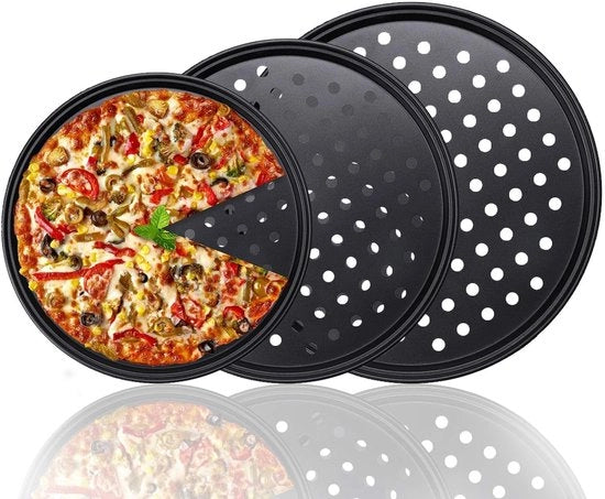 Set a 3 pezzi - piatto per pizza rotondo - piatto per pizza per forno - piatto antiaderente per pizza - pad per pizza in acciaio inossidabile con fori