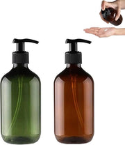 Due dispenser per pompa in plastica - bottiglie vuote per olii essenziali - verde e marrone.