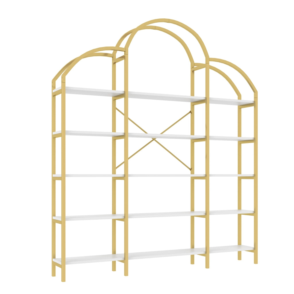 OKWISH Scaffale a 5 Ripiani con Decorazione a Nuvola, Contenitore per Soggiorno o Studio, Metallo e MDF, Bianco e Oro, 170 × 26 × 190 cm