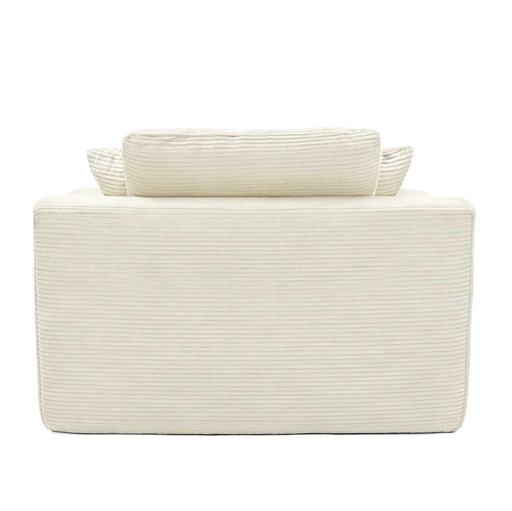 Divano ULEVR in velluto a coste beige con tasche laterali, cuscino schienale e 2 cuscini decorativi