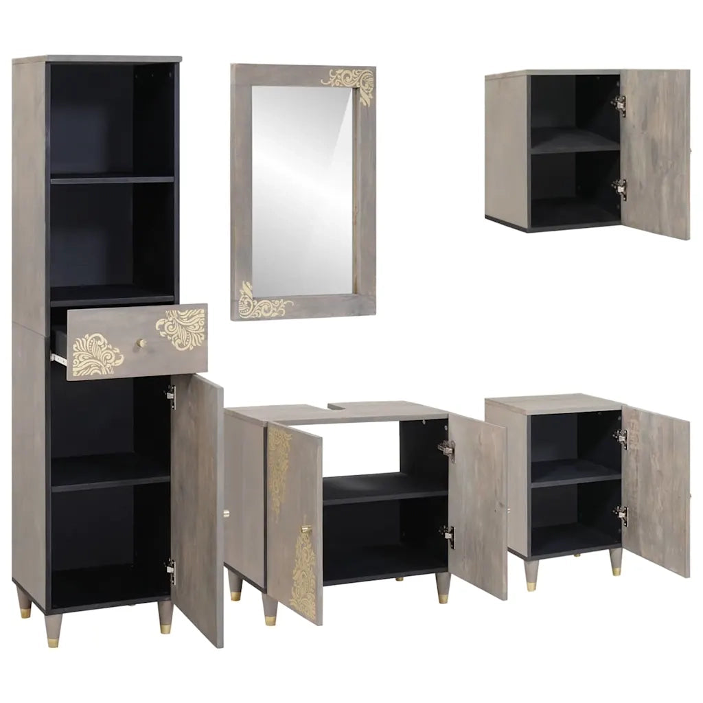 Set di Armadi da Bagno 5 pcs Grigio Legno di mango massello