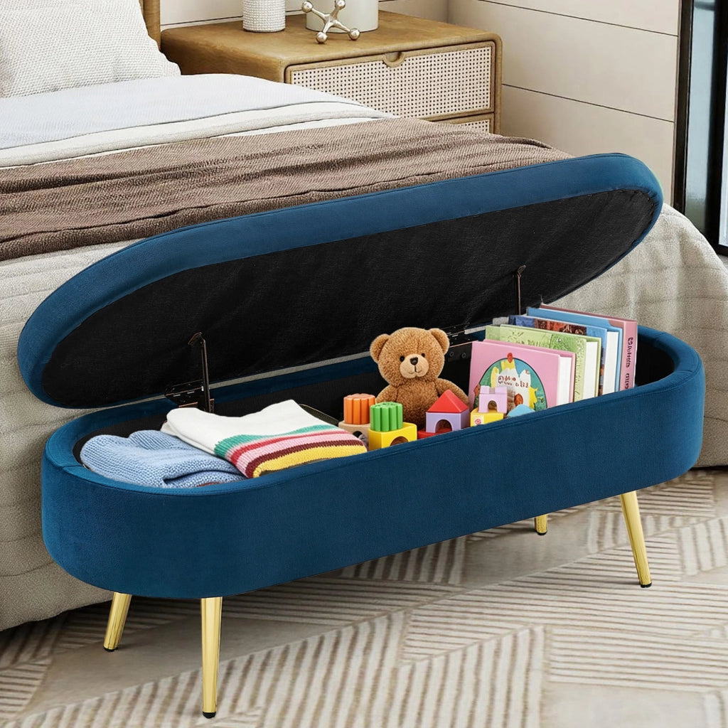 Panca Contenitore Multifunzione ¨C MINIMAL ¨C Velluto, Metallo, Legno Massello, Blu, 110x40x42cm
