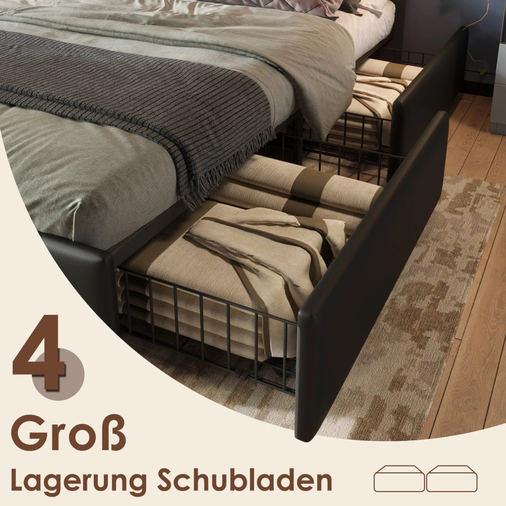 Letto con Cassetti 90x200 cm; Singolo - 4 Cassetti; LED e Testiera Regolabile - Nero