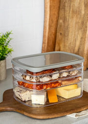Bacino per alimenti con 3 compartimenti separati trasparenti, grande contenitore rettangolare carne e prodotti carne con coperchio grigio per frigorifero